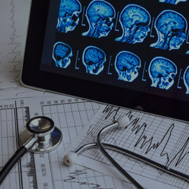 Brain scan, data documents and stethoscope 