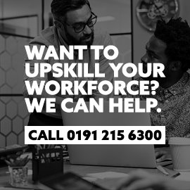 Want to upskill your workforce? We can help. Call 0191 215 6300. Image of an employer helping an apprentice on the computer.