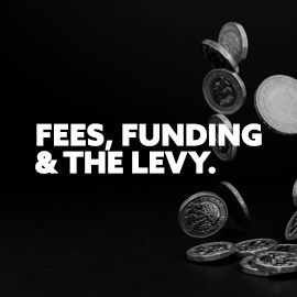 Fees, funding and the levy. Image of coins falling.