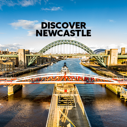 an image of bridges over the river tyne. text says discover newcastle
