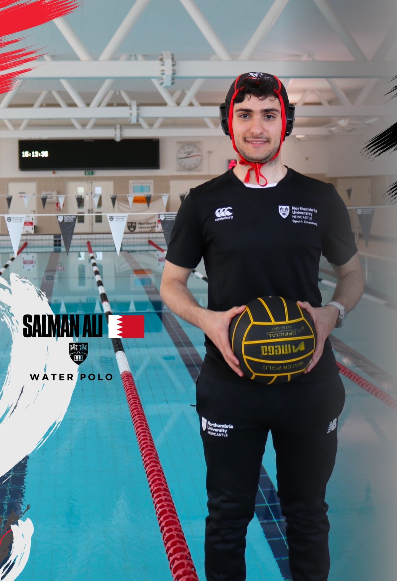 Picture of male student standing holding a water pollo ball with a poll in the background