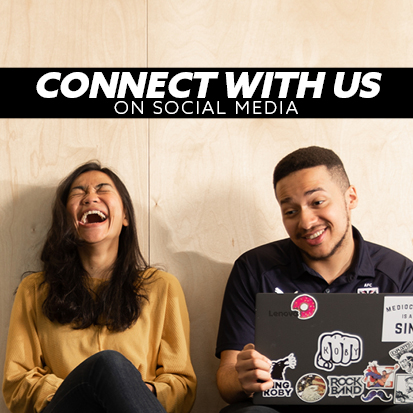 Two students sitting with a laptop laughing. text above them reads connect with us on social media
