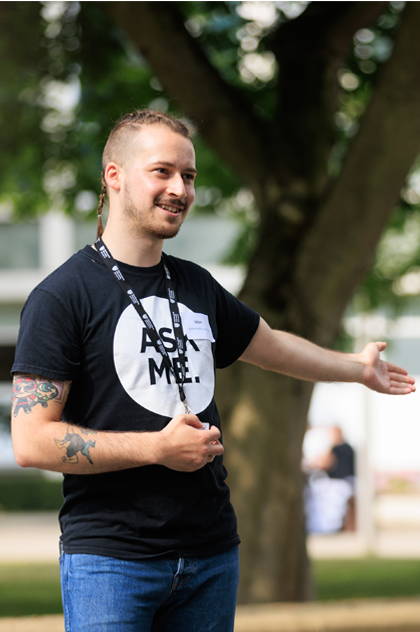 male ask for help student giving directions