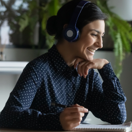 Female call center agent using a headset