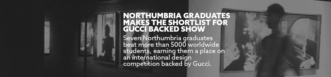 Art gallery with text over top that describing 'Gucci fashion show'