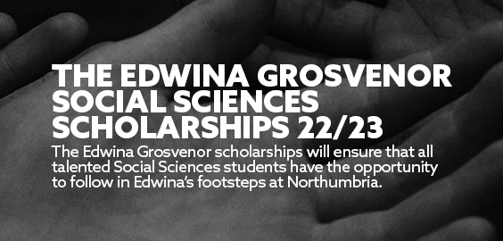 Title: The Edwina Grosvenor Social Sciences Scholarships 22-23  Background: Black & White image of three hands