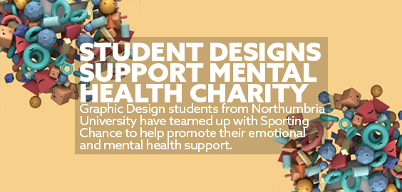 Bold white text stating student designs support mental health charity, with abstract poster design in the background