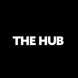 Black background, white text saying 'the hub'