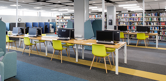 Interior shot of the workspace on Floor 1 of the City Campus Library. 