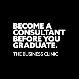 Plain black background with text embedded on that reads: "Become a consultant before you graduate. The Business Clinic."