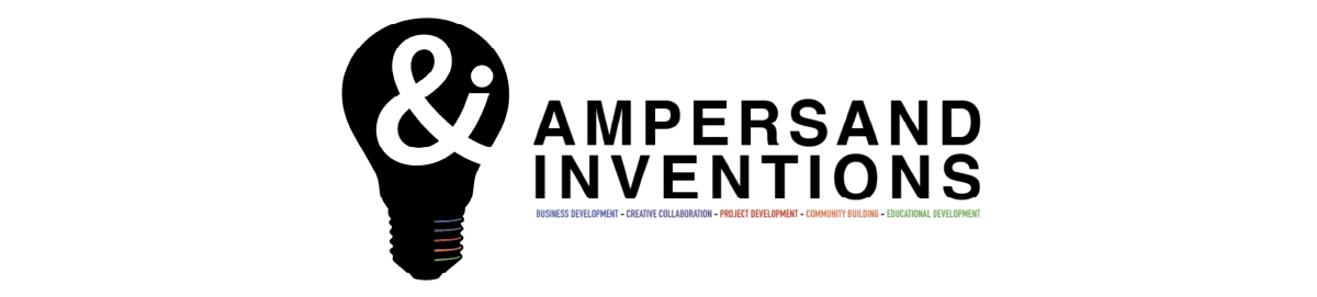 Bulb silhouette encasing an & symbol. Black text to the right: Ampersand Inventions