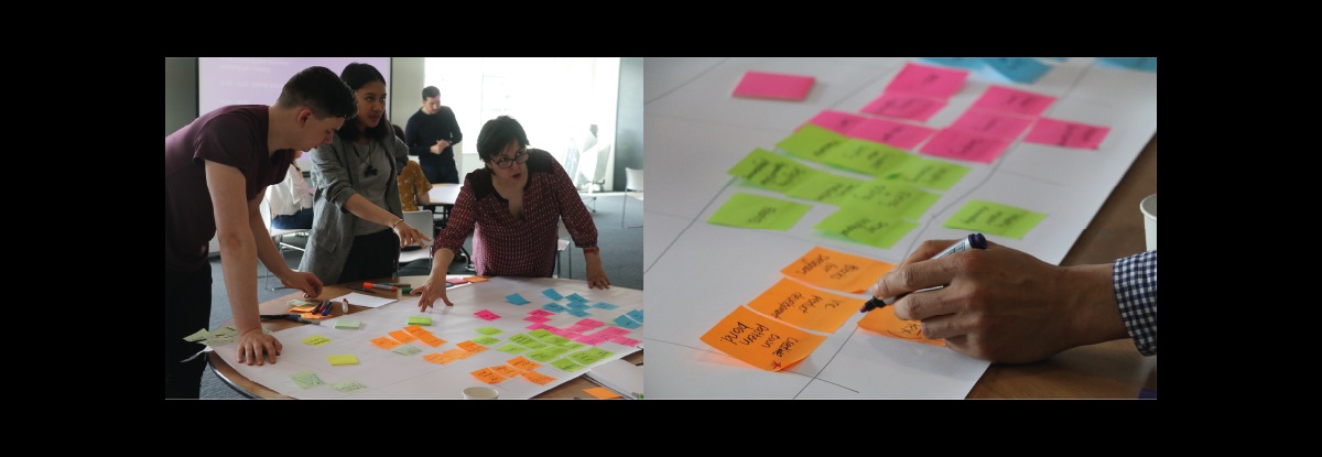 People stood working around a colourful table full of post-it notes