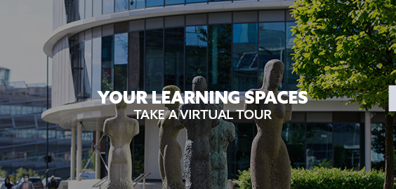 External of Northumbria Computer Science Building with text: Your Learning Spaces: Take a virtual Tour
