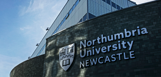 Northumbria University Newcastle sign outside the business and law campus building