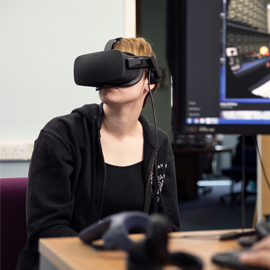 Student wearing virtual reality headset