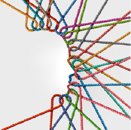Image showing human connections as a group of multi-coloured ropes linked together 