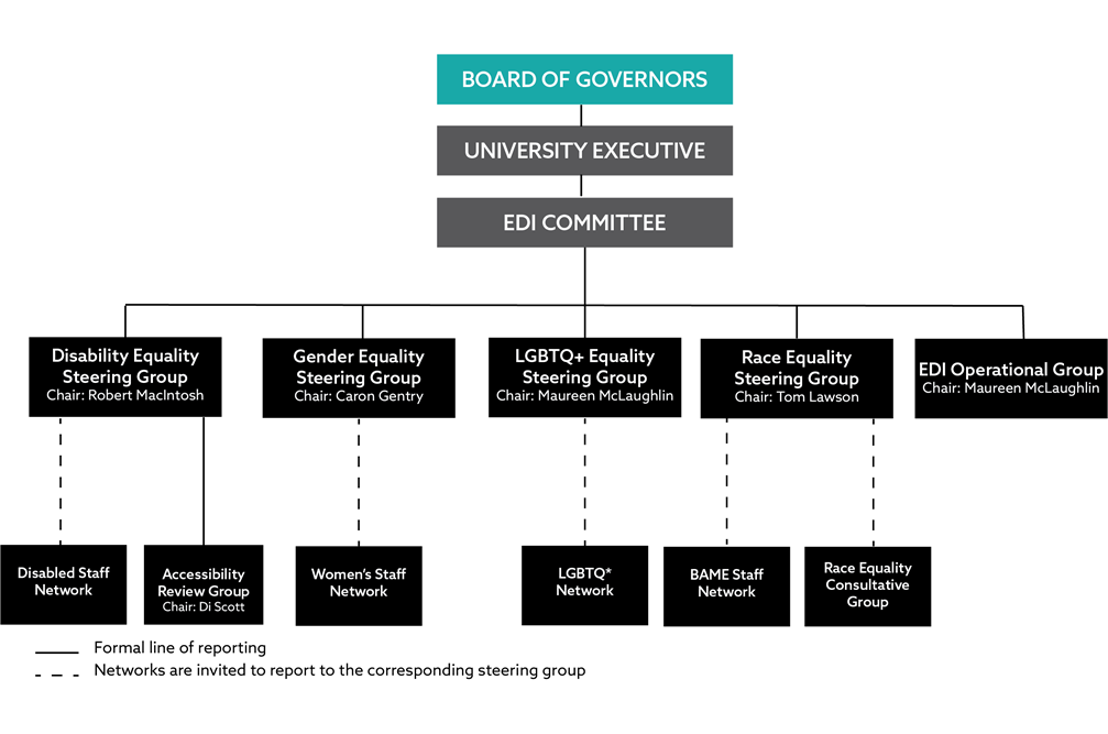 Structure showing the governance in relation to Equality Diversity and Inclusion at Northumbria comprising different groups.
