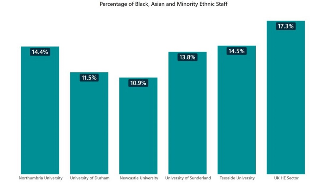 Green bar chart showing percentage of Black, Asian and Minority Ethnic colleagues across six North East universities