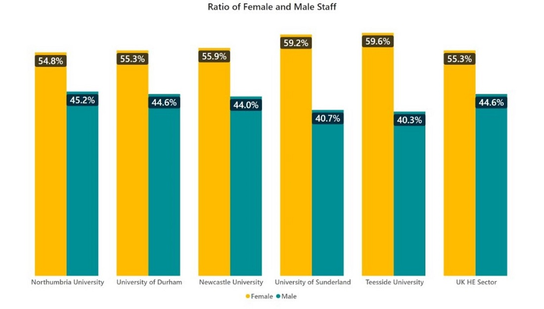 Yellow and green bar chart showing ratio of female and male colleagues at six North East universities