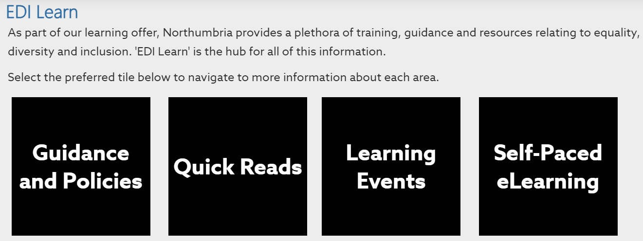 A screenshot of a website page, text running along the top with four boxes below labelled 'Guidance and policies', 'Quick reads', 'Learning events' and 'Self-paced eLearning'.