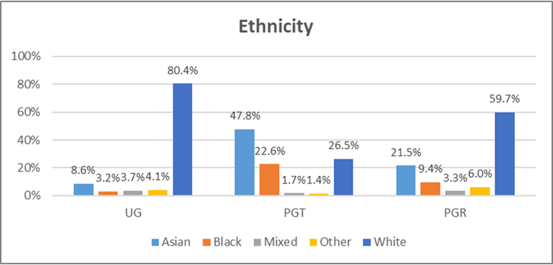 Blue, yellow, orange and grey bar charts showing the ethnicity of students in the categories 'undergraduate', 'post graduate taught' and 'post graduate research'