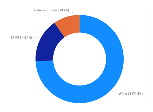 A pie chart showing the number and percentage of leavers by ethnicity. 23 (74.2%) staff identified as white, 5 (16.1%) staff identified as Black, Asian or a Minority Ethnicity and 3 (9.7%) staff preferred not to disclose their ethnicity.