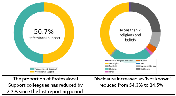 Two colourful pie charts placed beside one another displaying statistics. The graph on the left shows that 50.7% of colleagues are Professional Support colleagues, which has reduced by 2.2% since the last reporting period. The graph on the right shows that disclosure of religion has increased so 'Not Known' has reduced from 54.3% to 24.5%.