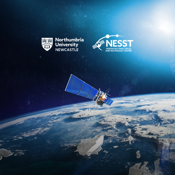 A satellite in space above Earth. There are two logos on the image in white, one for Northumbria University and one for NESST.