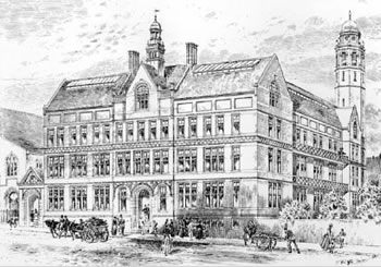 Caption: The Rutherford College Building in Bath Lane, Newcastle upon Tyne, from a drawing by T.R. Dawson 1887
