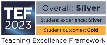 TEF 2023 logo showing that the University was rated overall silver with a silver for student experience and gold for student outcomes