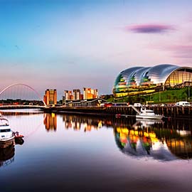 Tyne river at quayside with bridges and the sage building 