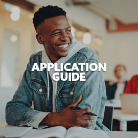 Male student smiling in a classroom setting. Text embedded on image reading "Application Guide"