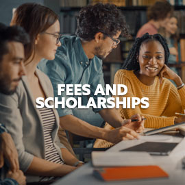 Male and female students in a group setting. Text embedded on image reading "Fees and Scholarships"
