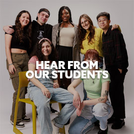 Male and female Northumbria students smiling and looking at the camera. Text embedded on image reading "Hear from our Students"