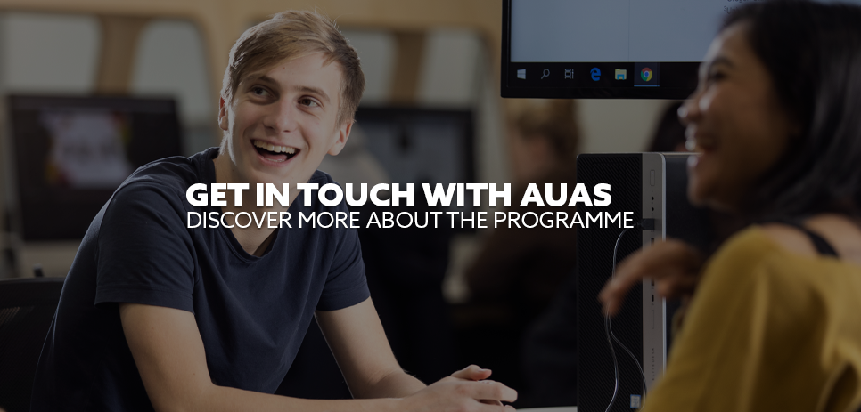 Image: a male and female student sat, laughing. Text: "Get in touch with AUAS"
