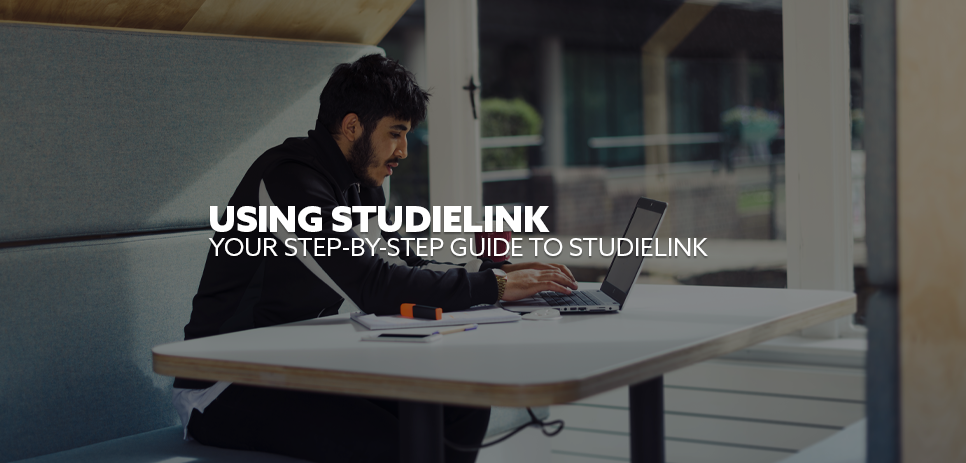 Image: student sat in a library, using a laptop. Text: "Using Studielink - a step-by-step guide"