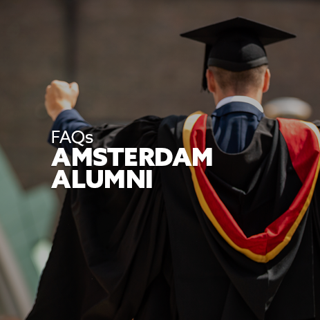 Image: graduates posing for a group photo following their Congregation ceremony. Text: "FAQs for Amsterdam Campus Alumni"