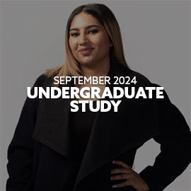 Close-up of a female, Kuwaiti student wearing a black long sleeved top with her hand on her hip - she is smiling and looking directly at the camera. Text is embedded on the image reading: "September 2024 Undergraduate Study"