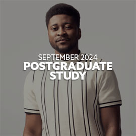 Close-up of a male, Nigerian student wearing a white t-shirt with black stripes - he is smiling and looking directly at the camera. Text is embedded on the image, reading: "September 2024 Postgraduate Study"