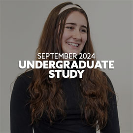 USA student smiling looking to the side, wearing a black top. Text embedded on image reading "Undergraduate Study, September 2024"