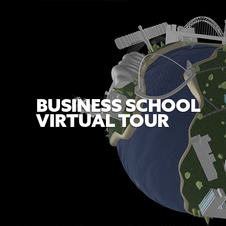 Black background with NU World logo, with white text 'Business School Virtual Tour' 