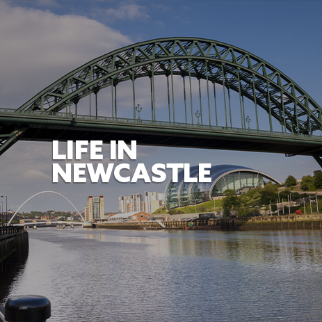 Image of Tyne Bridge, with white text 'Life in Newcastle' 