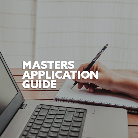 Laptop and writing image, with white text 'Masters Application Guide'