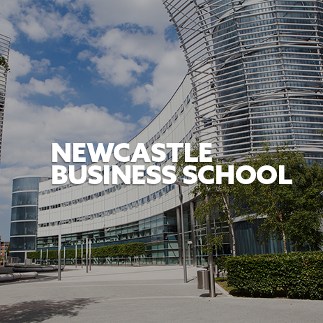 Image of Business school building, with white text 'Newcastle Business School'