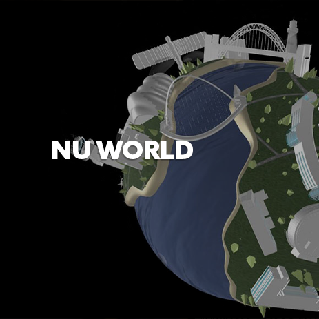 Black background with NU World logo, white text 'NU World'
