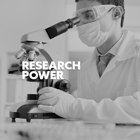 Person with microscope with white text 'Research Power' 