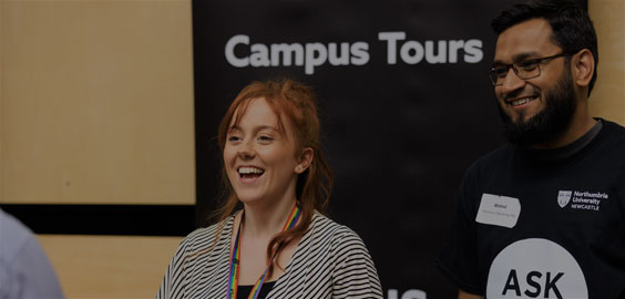 Close-up of a recruitment offer and a current student during a Campus Tour at one of Northumbria's Open Days.