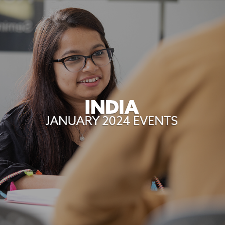 Image: a student sat across from another student, smiling. Text: "India January 2024 Events"