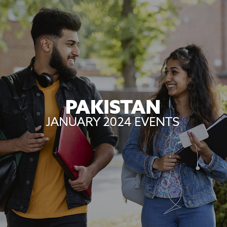 Image: two students walking with textbooks, smiling. Text: "Pakistan January 2024 Events"