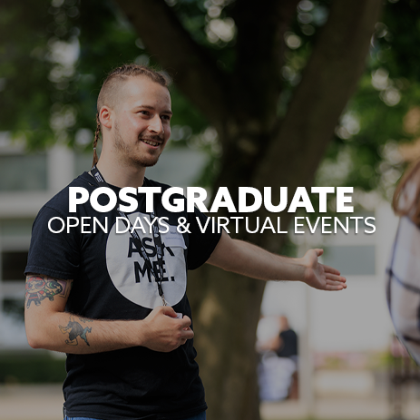 Image: Event Rep pointing visitors in the right direction. Text: "Postgraduate Open Days and Virtual Events"